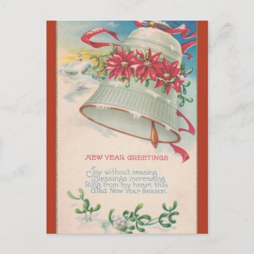 Vintage Bell and Poinsettias New Year Postcard