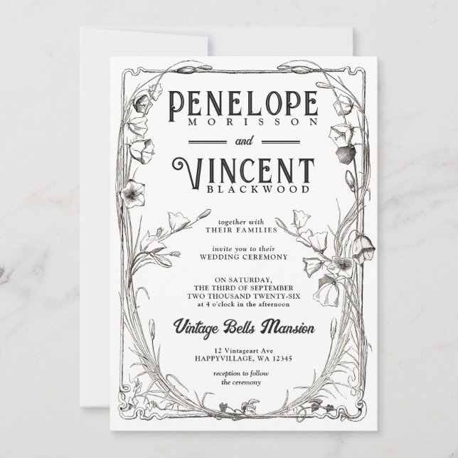 Vintage Bell Flowers on White Wedding Invitation  (Front)