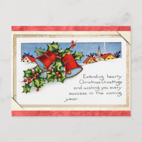 Vintage Bell Holly Snow Christmas Greetings Postcard