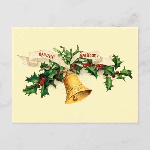 Vintage Bell Mistletoe  Holly Holiday Postcard