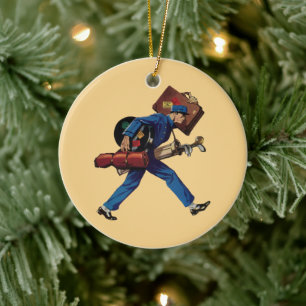Vintage Bellhop in Uniform, Suitcase and Golf Club Ceramic Ornament