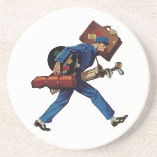 Vintage Bellhop in Uniform, Suitcase and Golf Club Drink Coaster