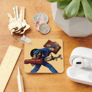 Vintage Bellhop in Uniform, Suitcase and Golf Club Keychain