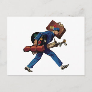 Vintage Bellhop in Uniform, Suitcase and Golf Club Postcard