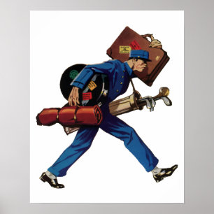 Vintage Bellhop in Uniform, Suitcase and Golf Club Poster