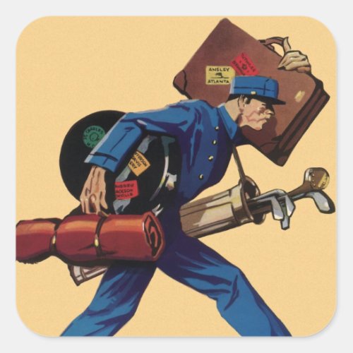 Vintage Bellhop in Uniform Suitcase and Golf Club Square Sticker