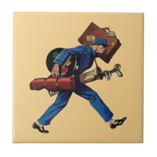 Vintage Bellhop in Uniform, Suitcase and Golf Club Tile