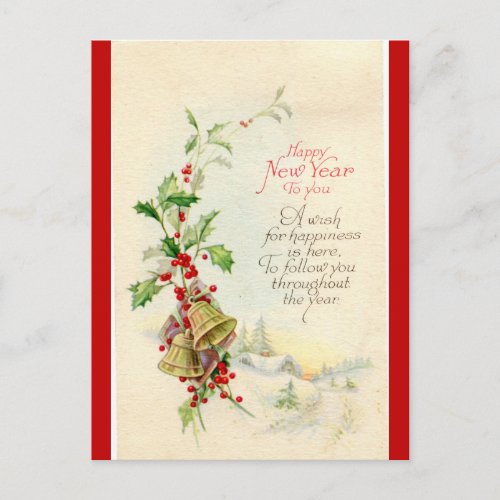 Vintage Bells and Berries Happy New Year Postcard