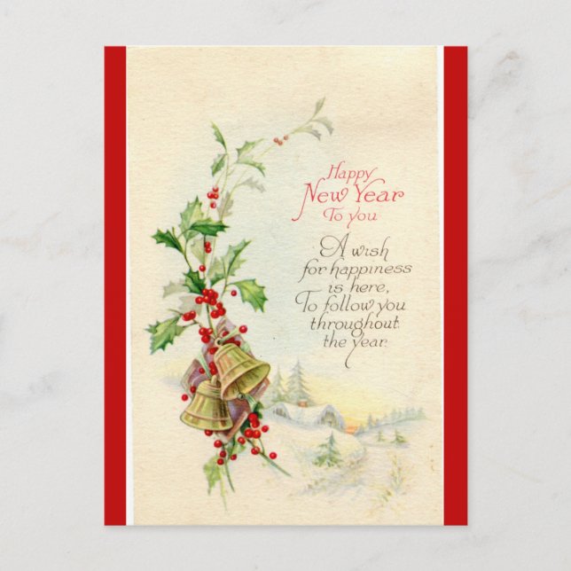 Vintage Bells and Berries Happy New Year Postcard (Front)