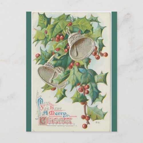 Vintage Bells and Holly Christmas Postcard