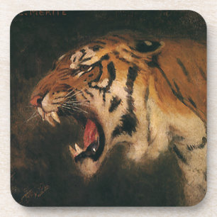 Vintage Bengal Tiger Big Cat Roaring, Wild Animal Beverage Coaster