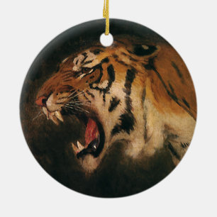 Vintage Bengal Tiger Big Cat Roaring, Wild Animal Ceramic Ornament