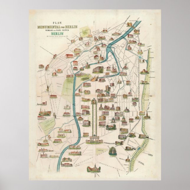 Vintage Berlin Germany Monument Map (1856) Poster (Front)