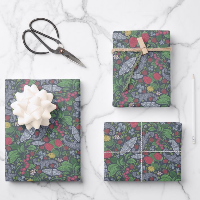 Vintage Berries Butterflies Marigold Carnations Wrapping Paper Sheets (Front)
