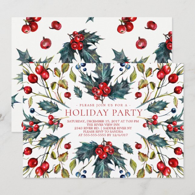 Vintage Berry Holly Holiday Invitation (Front/Back)