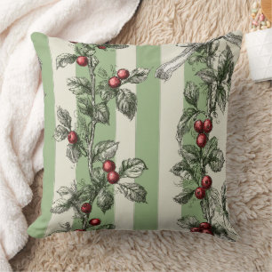Vintage Berry Vine & Ribbon Botanical Stripe Throw Pillow