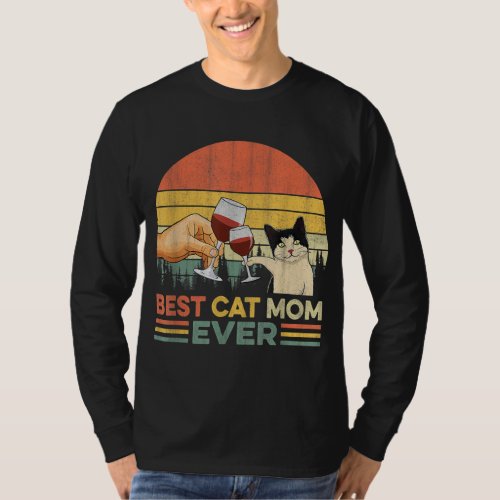 Vintage Best Cat Mom Ever Wine Drinking Women T_Shirt