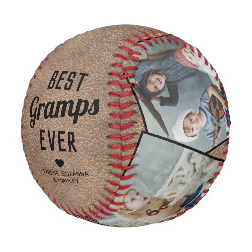 Vintage Best Gramps Ever Memento Baseball - Personalized father's day baseball featuring a rustic vintage brown leather background, the text "best gramps ever", a cute heart, and the grandchildrens names. Plus 4 family photos for you to customize with your own to make this an extra special grandpa gift.