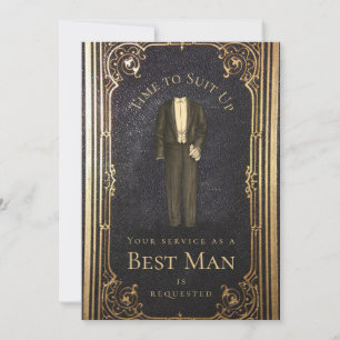 Vintage Best Man Proposal Gold Black Elegant Suit Invitation