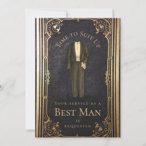 Vintage Best Man Proposal Gold Black Elegant Suit  Invitation