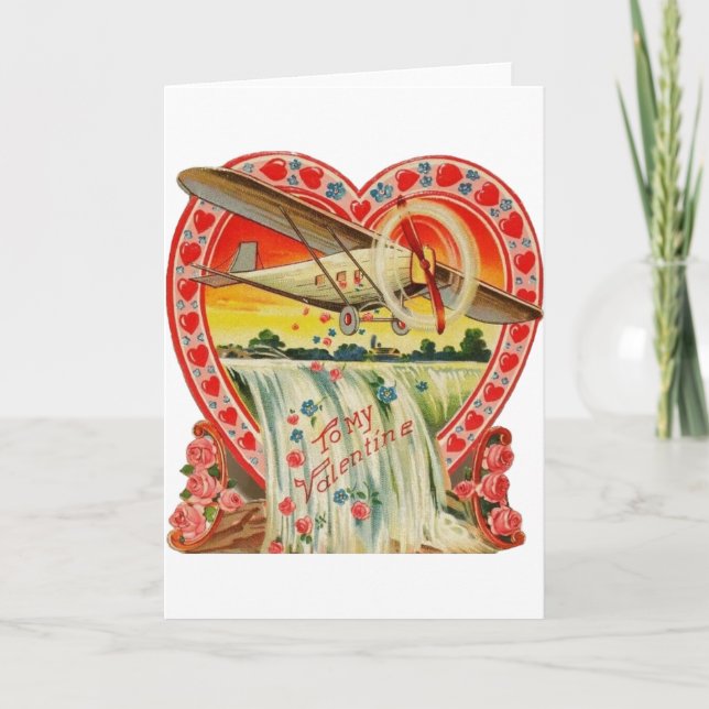 Vintage Bi-Plane Over Waterfall Valentine Card (Front)