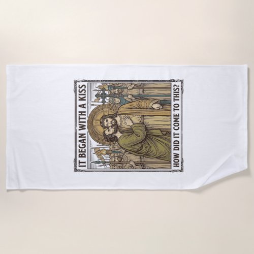 Vintage Biblical Betrayal Kiss Beach Towel