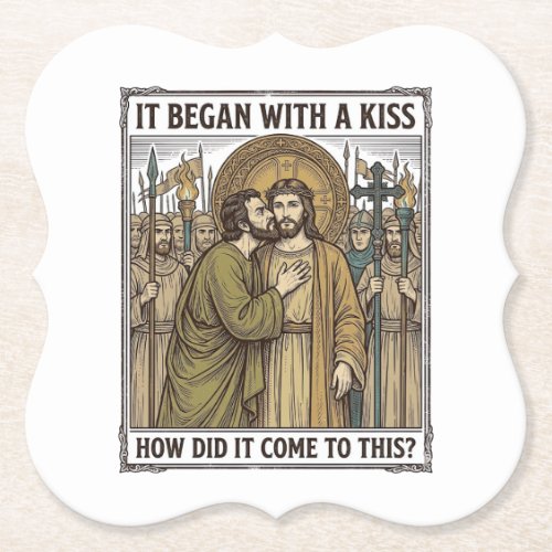 Vintage Biblical Betrayal Kiss Paper Coaster