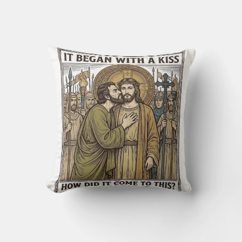 Vintage Biblical Betrayal Kiss Throw Pillow