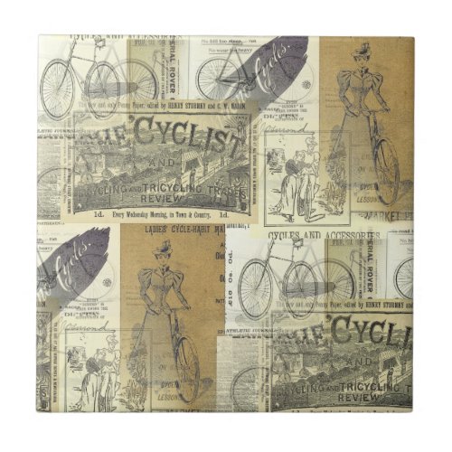 Vintage Bicycle and Cyclist Advertisement Collage Ceramic Tile