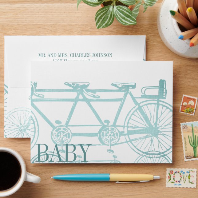 Vintage Bicycle Baby Boy Shower Invitations Envelope (Desk)