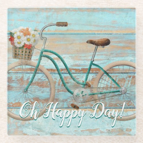 Vintage Bicycle Beach Cruiser Oh Happy Day Glass Coaster