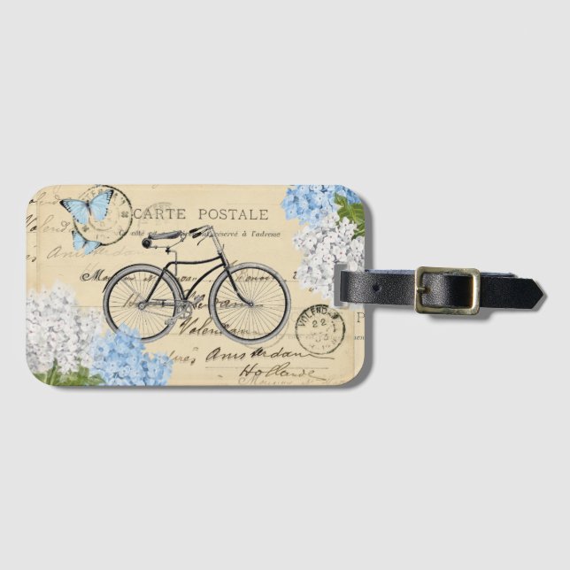 Vintage Bicycle Blue Hydrangea Paris Luggage Tag (Front Horizontal)