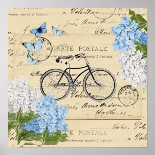 Vintage Bicycle Blue Hydrangeas Paris Art Poster