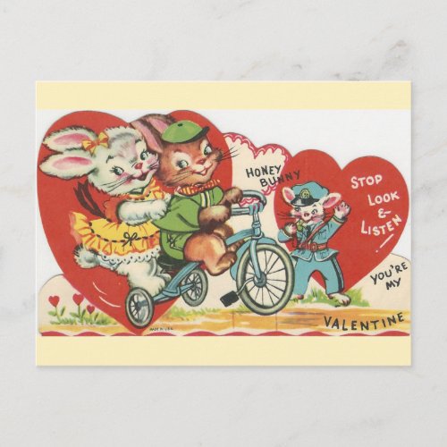 Vintage Bicycle Bunnies Valentine Holiday Postcard