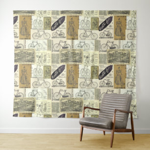 Vintage Bicycle, Cyclist Advertisement Collage Tapestry