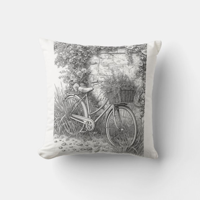 Vintage Bicycle & Garden Roses Ink Art Pillow (Front)