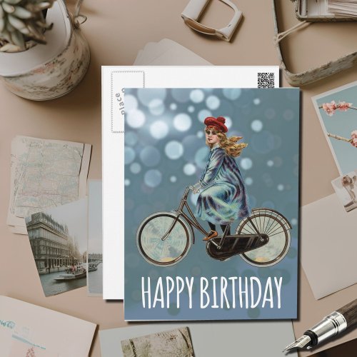 Vintage Bicycle girl _  Birthday Postcard