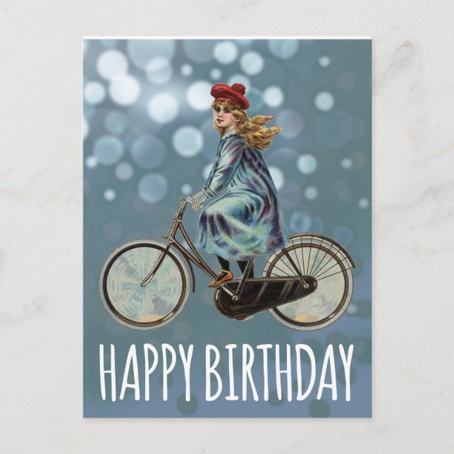 Vintage Bicycle girl -  Birthday Postcard (Front)