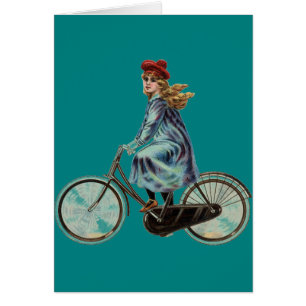 Vintage Bicycle girl in  solid teal Cards