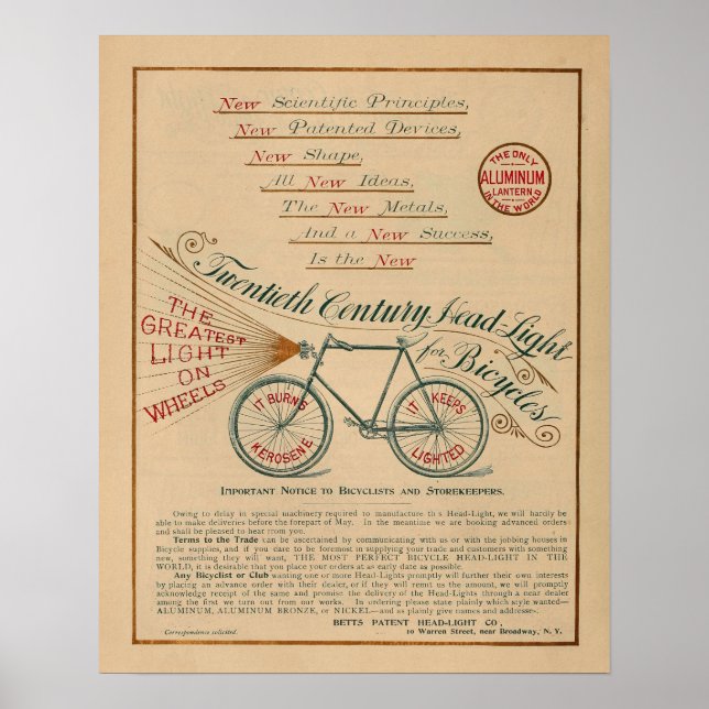 Vintage Bicycle Head Light Magazine Ad Art Poster (Front)