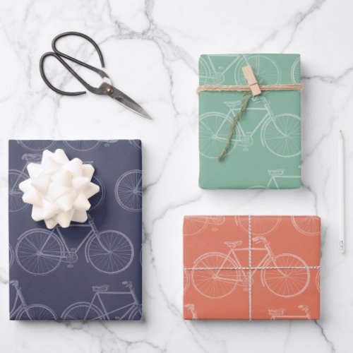 Vintage Bicycle Illustration Blue Orange Green Wrapping Paper Sheets