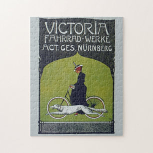 Vintage Bicycle Lady & Dog Illustration Art Jigsaw Puzzle
