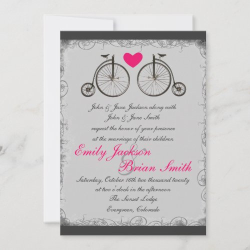 Vintage bicycle love gray wedding invitations