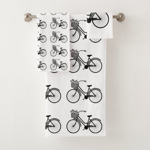 VINTAGE BICYCLE PATTERN IN BLACK AND WHITE BATH TOWEL SET