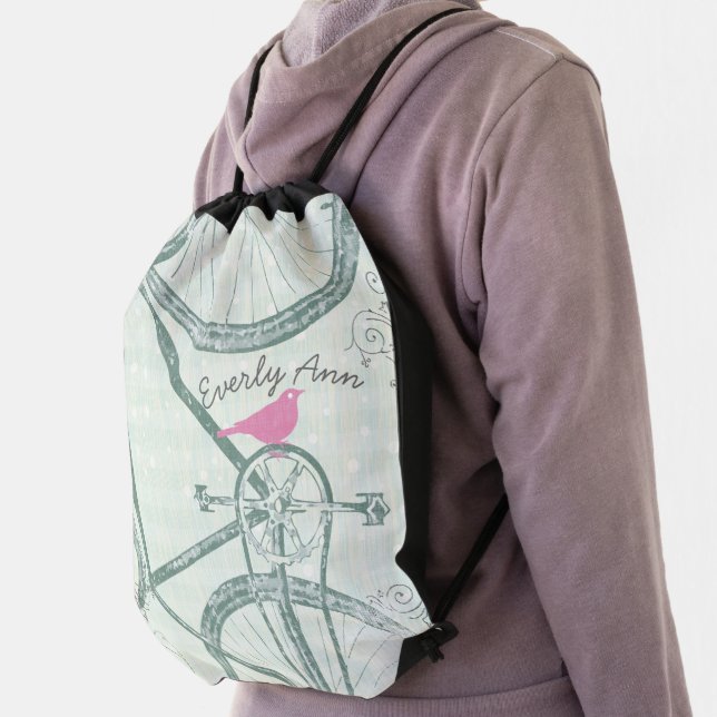 Vintage Bicycle Personalized Garland Heart Drawstring Bag (Insitu)