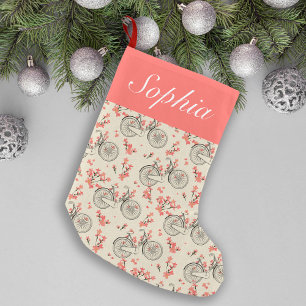 Vintage Bicycle Pink Floral Japanese Art Monogram Small Christmas Stocking