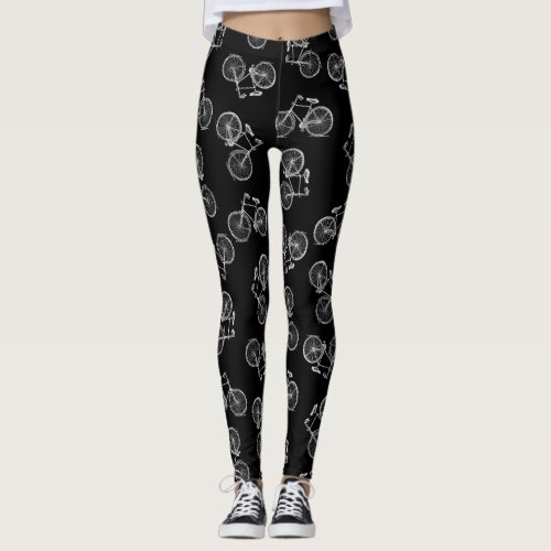 Vintage Bicycle Print Pattern Classic Bikes Black Leggings