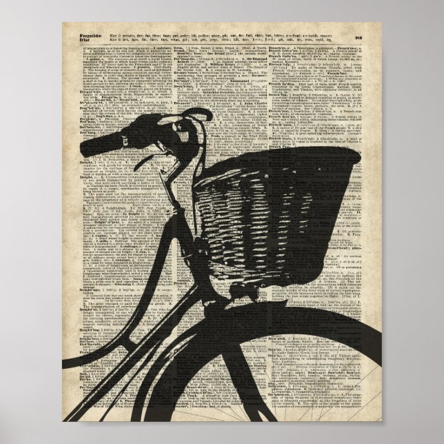 Vintage Bicycle Stencil Over Old Dictionary Page Poster (Front)