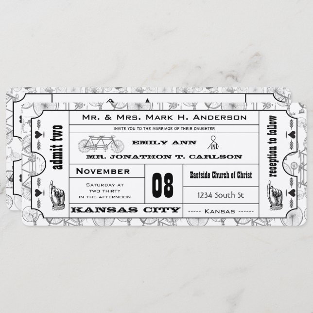 Vintage Bicycle Typography Ticket Wedding Invitation (Front/Back)