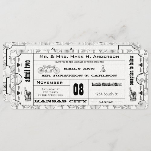Vintage Bicycle Typography Ticket Wedding Invitation